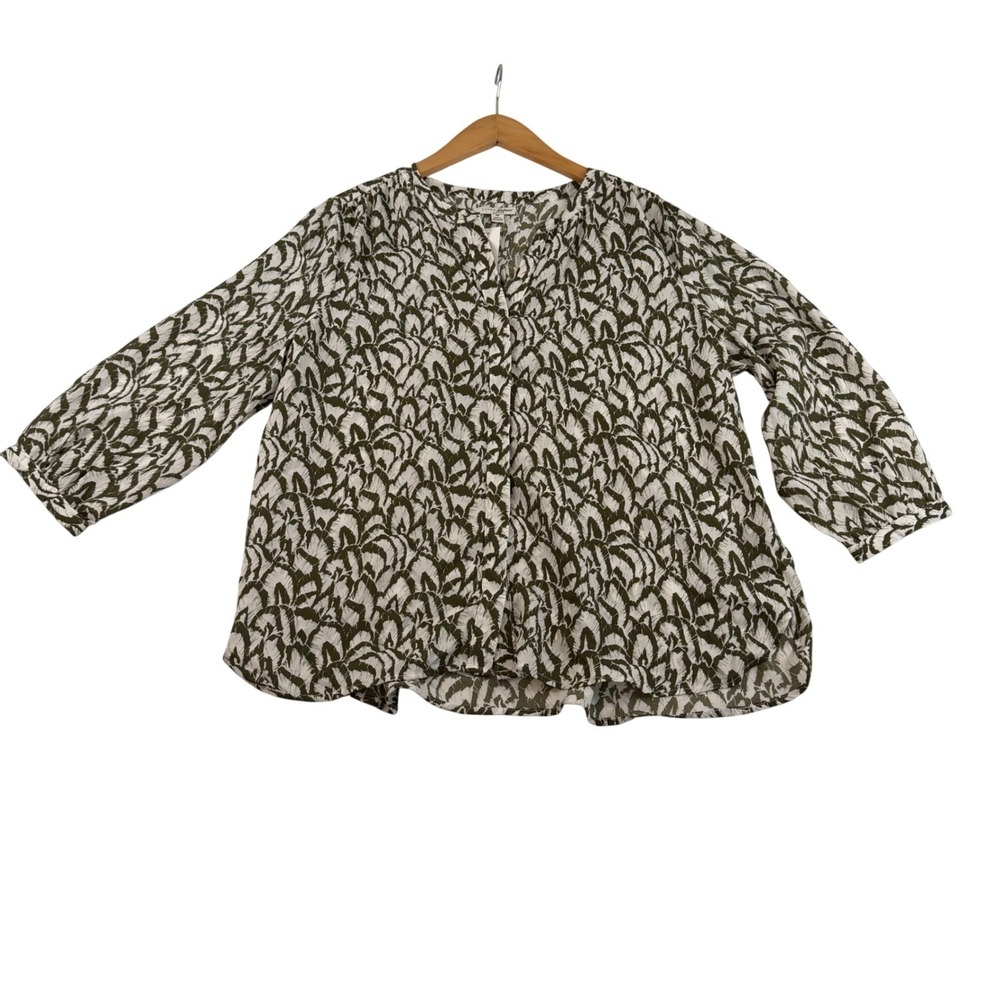 Jachs Girlfriend Womens Small Olive Green White Abstract Print Button Down Top